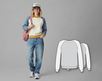 Women’s Colorblock Sweater Sewing Pattern, Raglan Sleeve Knit Sweatshirt