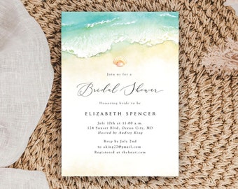 Beach Bridal Shower Invitation Template, Ocean Bridal Shower Invitation, Edit in Templett, Elegant Script, Matching Pieces, A108