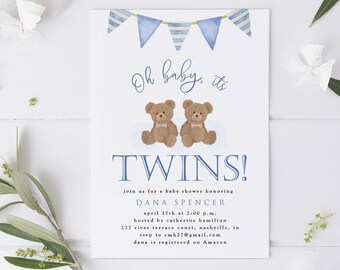 Twin Boys Teddy Bear Baby Shower Invitation, Teddy Bears, Edit in Templett, Try Before You Buy