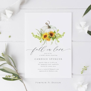 Fall In Love Bridal Shower Invitation Template, Pumpkin Bridal Shower Invitation, Sunflowers, Edit in Templett, Try Before You Buy