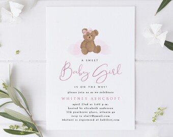 Baby Shower Invitation, Baby Girl Shower Invitation, Teddy Bear Shower, Sweet Baby Girl Shower, Edit In Templett, Try Before You Buy!