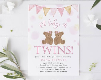 May include: Pink and gold baby shower invitation with a banner of flags and two teddy bears wearing pink bows. The text reads "Oh baby, its TWINS!" and includes the name Dana Spencer, the date and time of the shower, the host, the address, RSVP information, and the registry information. The invitation is designed by Pumpkin Pi Design.