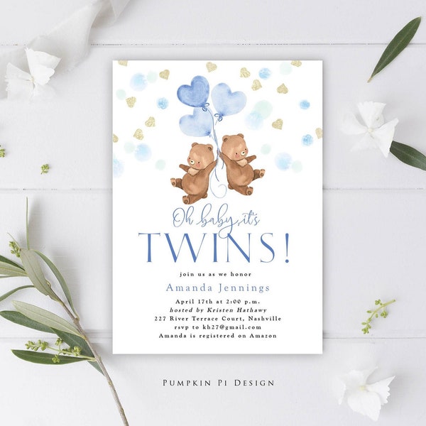 Twin Boys Teddy Bear Baby Shower Invitation, Teddy Bears, Balloons, Edit in Templett, Try Before You Buy