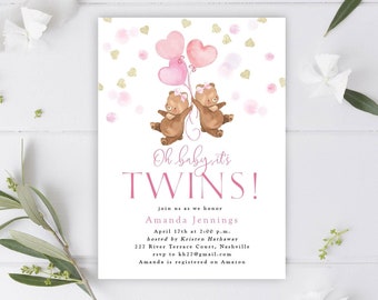 May include: Pink and white baby shower invitation with two brown bears holding pink balloons. The text reads "Oh baby it's TWINS!" and includes the details of the event, including the date, time, host, location, RSVP information, and registry details.