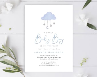 Sweet Baby Boy Shower Invitation Template, Stars and Moon Mobile, Edit in Templett, Baby Boy, Matching Shower Games Available Too!