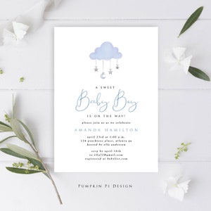 Sweet Baby Boy Shower Invitation Template, Stars and Moon Mobile, Edit in Templett, Baby Boy, Matching Pieces, A117