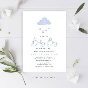 Sweet Baby Boy Shower Invitation Template, Stars and Moon Mobile, Edit in Templett, Baby Boy, Matching Shower Games Available Too!