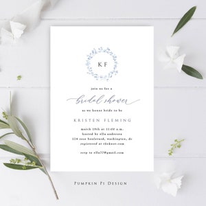 Blue Floral Wreath  Bridal Shower Invitation Template with Monogram, Edit in Templett, Matching Thank You Note Card Available too!