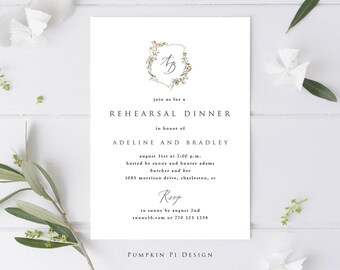 Mall för inbjudan till repetitionsmiddag med vildblommavapen, redigerbar repetitionsinbjudan med monogramvapen, utskrivbar, matchande delar, A120