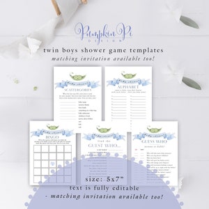 Baby Shower Games, Two Peas in A Pod, Twins, Set of Five Templates, Edit in Templett, Matching Pieces, A111