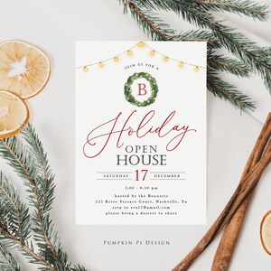 Holiday Open House Invitation Template, Open House Invitation with Wreath and Monogram, Edit in Templett, Try Before You Buy