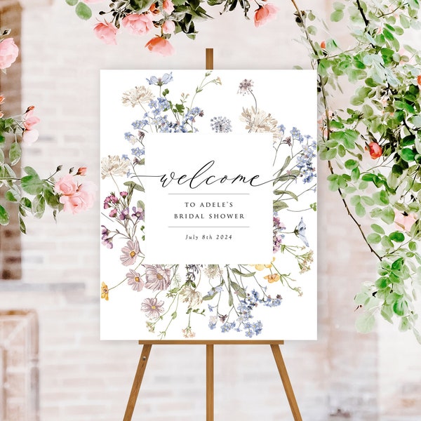 Plaque de bienvenue, plaque de bienvenue pour la douche nuptiale, cadre de fleurs sauvages, édition à Templett, invitation assortie et plaque de bar fleuri disponible aussi, A105