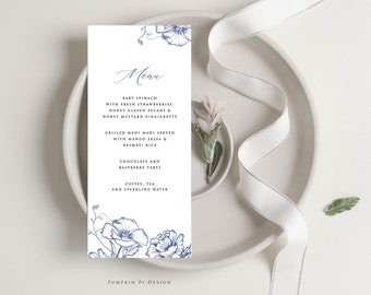 Something Blue Menu Template, Blue and White Floral Menu, Printable Shower or Wedding Menu, Edit in Templett, Matching Pieces, A102