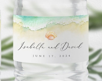 Beach Water Bottle Label, Beach and Seashell Water Bottle Label Template, Easy to Edit in Templett, Matching Pieces, A108