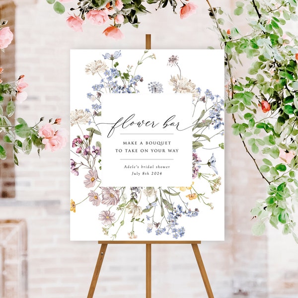Flower Bar Sign, Bridal Shower Sign, Wildflower Flower Bar Sign, Edit in Templett, Matching Invitation, Welcome Sign Available Too, A105