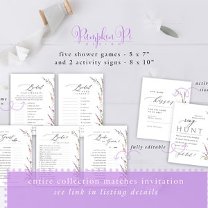 Conjunto de plantillas de juegos de despedida de soltera con flores silvestres y carteles de actividades, invitaciones a coincidencias, fáciles de editar en Templett, pruébelo antes de comprar