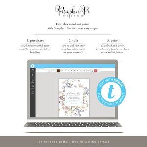 May include: A laptop screen displaying a floral design template for a flower bar. The template is editable and can be printed at home or at a local print shop. The text on the template reads "Flower Bar" and "Make a Bouquet to Take on Your Way".