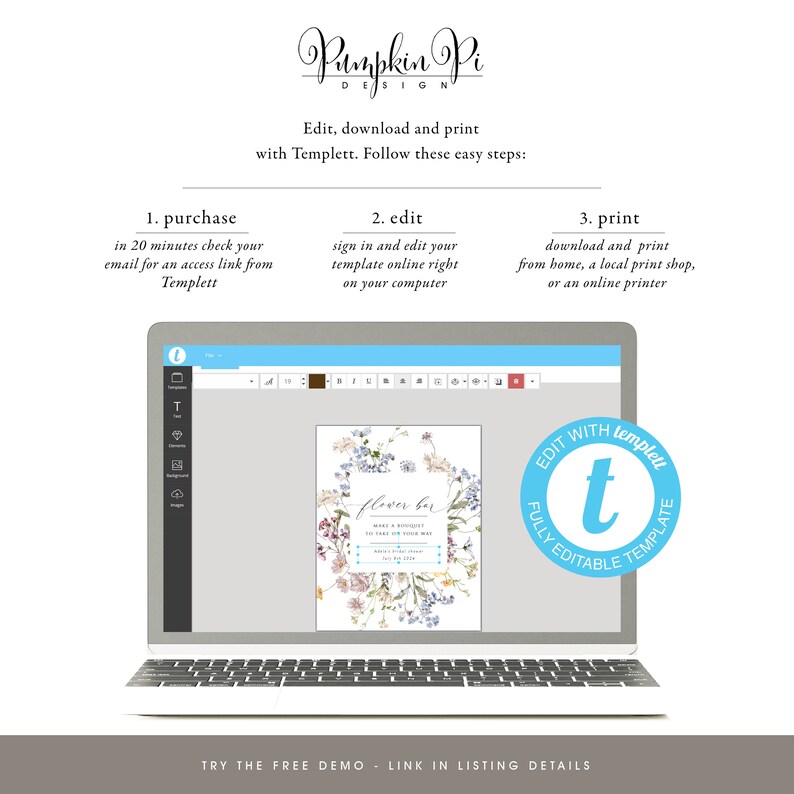 May include: A laptop screen displaying a floral design template for a flower bar. The template is editable and can be printed at home or at a local print shop. The text on the template reads "Flower Bar" and "Make a Bouquet to Take on Your Way".