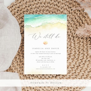 Plantilla de invitación Beach We Still Do, invitación de renovación de votos, edición en Templett, guión elegante, piezas a juego, A108