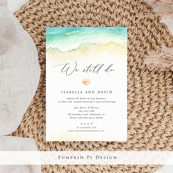 Beach We Still Do Invitation Template, Vow Renewal Invitation, Edit in Templett, Elegant Script, Matching Pieces, A108