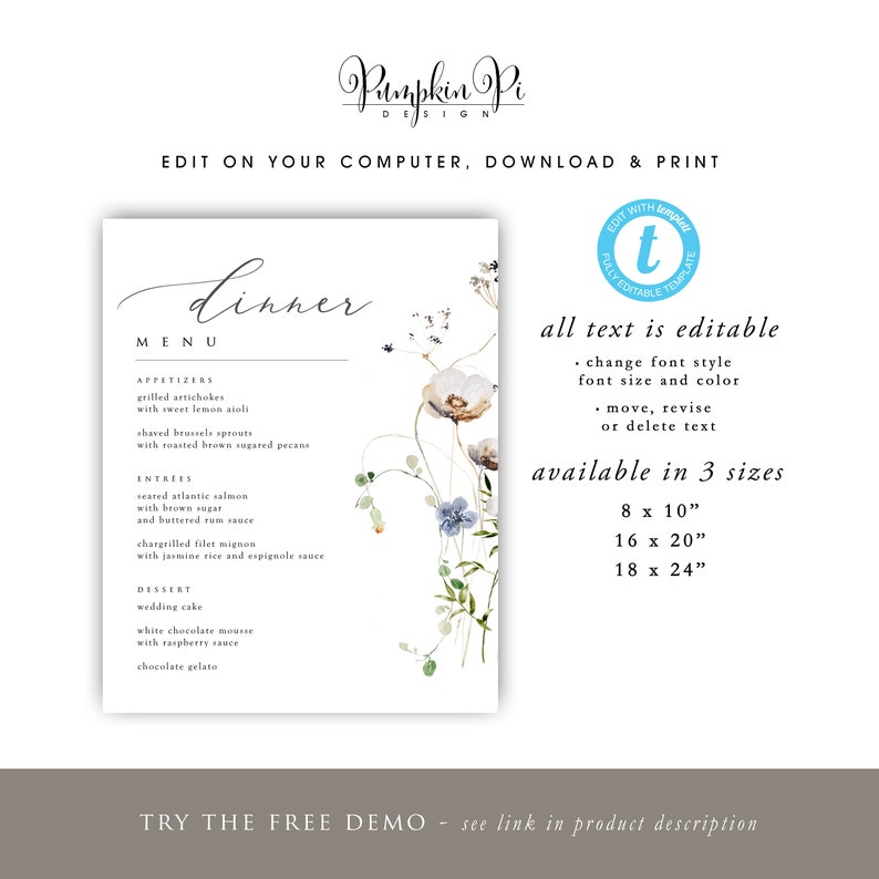 Dinner Menu Template, Wedding Dinner Menu, Shower Dinner Menu, Edit in