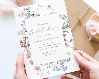 Wildflower Frame Bridal Shower Invitation, Wildflower Invitation Template, Elegant Script, Edit in Templett, A105