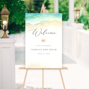 Beach Wedding Welcome Sign, Beach Vow Renewal Welcome Sign Template, Beach, Seashell, Edit in Templett, 3 sizes, Matching Pieces, A108