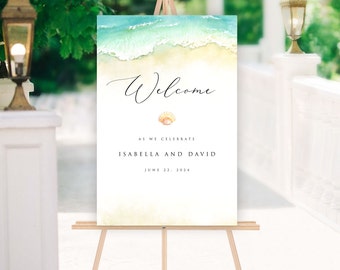 Beach Wedding Welcome Sign Template, Editable Seashell Coastal Wedding Sign, Printable, 3 Sizes, Matching Pieces, A108