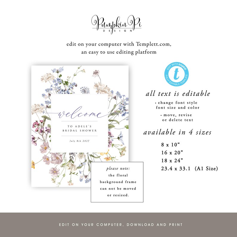 Wildflower Bridal Shower Welcome Sign Template, Editable Floral Frame Welcome Sign, Printable, Multiple Sizes, Matching Pieces, A105 image 6