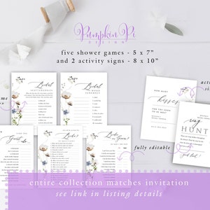 Set of  Wildflower Bridal Shower Game Templates and Activity Signs, Matches Invitation, Easy to Edit in Templett, Try Before You Buy