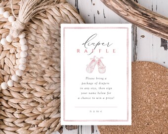 Diaper Raffle Baby Card Template, Editable Diaper Raffle Shower Insert, Pink Ballet Slippers, Printable, Matching Pieces, A129