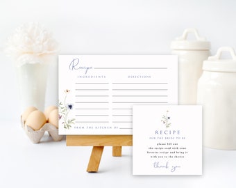 Floral Wildflower Recipe Card Template And Bridal Shower Insert, Edit in Templett, 2 sizes, Try Before You Buy, Matching Pieces Available