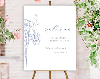 Blue and White Floral Welcome Sign, Bridal Shower Welcome Sign, Wedding Welcome Sign, Dusty Blue Floral, Editable, Matching Pieces,  A102