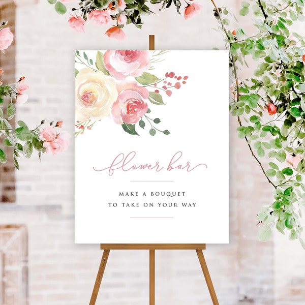 Blush, Peach and Cream Floral Flower Bar Sign Template, Floral Station Sign, Baby/ Bridal Shower Bouquet Bar Sign, Edit in Templett, 5 sizes