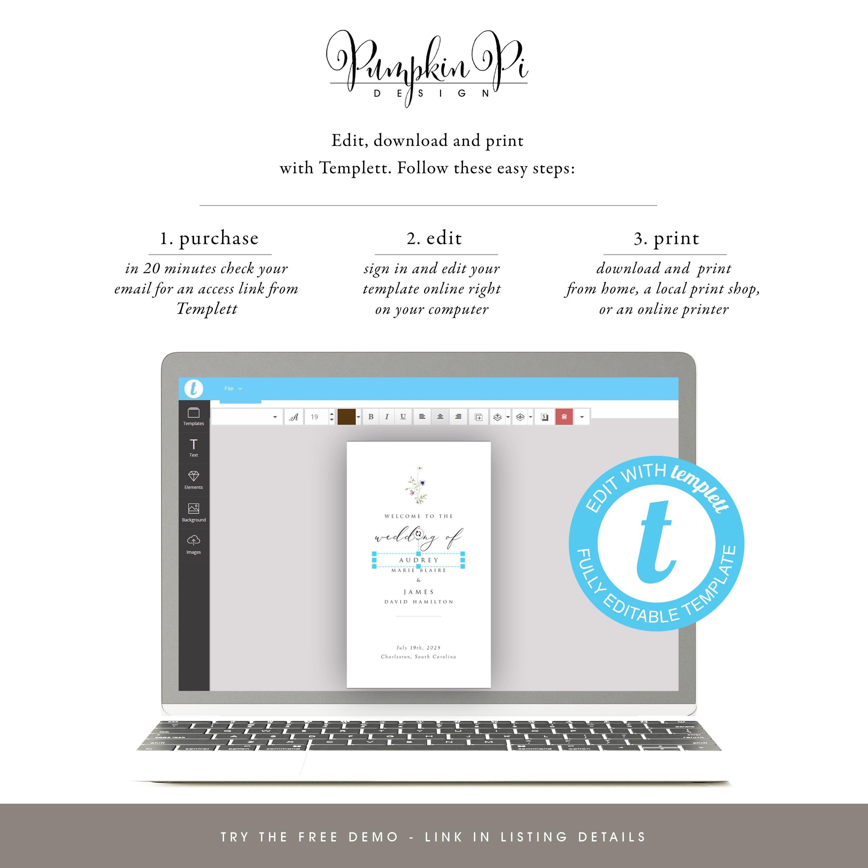 Program Card Frame Wedding Program Template, Botanical Frame, Wildflower, Folded Wedding ...