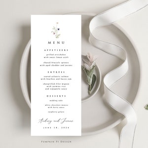 Plantilla de menú de boda/ducha, editar en Templett, flores silvestres florales, menú de boda imprimible, fácil de editar, ¡piezas a juego también! A101