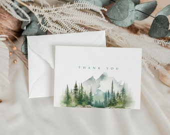 Mountain Wedding Thank You Card Template, Editable Folded Flat Vow Renewal Note Card, Printable, Matching Pieces, A151