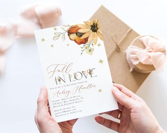 Fall In Love Autumn Bridal Shower Invitation Template, Editable Fall Wildflower Shower Invite, Printable, Matching Pieces, A150