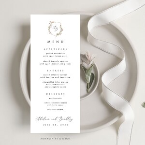 Plantilla de menú de boda con monograma, editar en Templett, cresta de flores silvestres, monograma, menú de boda imprimible, fácil de editar, piezas a juego, A120