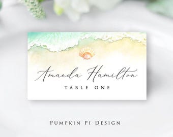 Beach Place Card Template, Beach Wedding, Vow Renewal, Flat and Folded Formats, Self Edit, Matching Pieces, A108