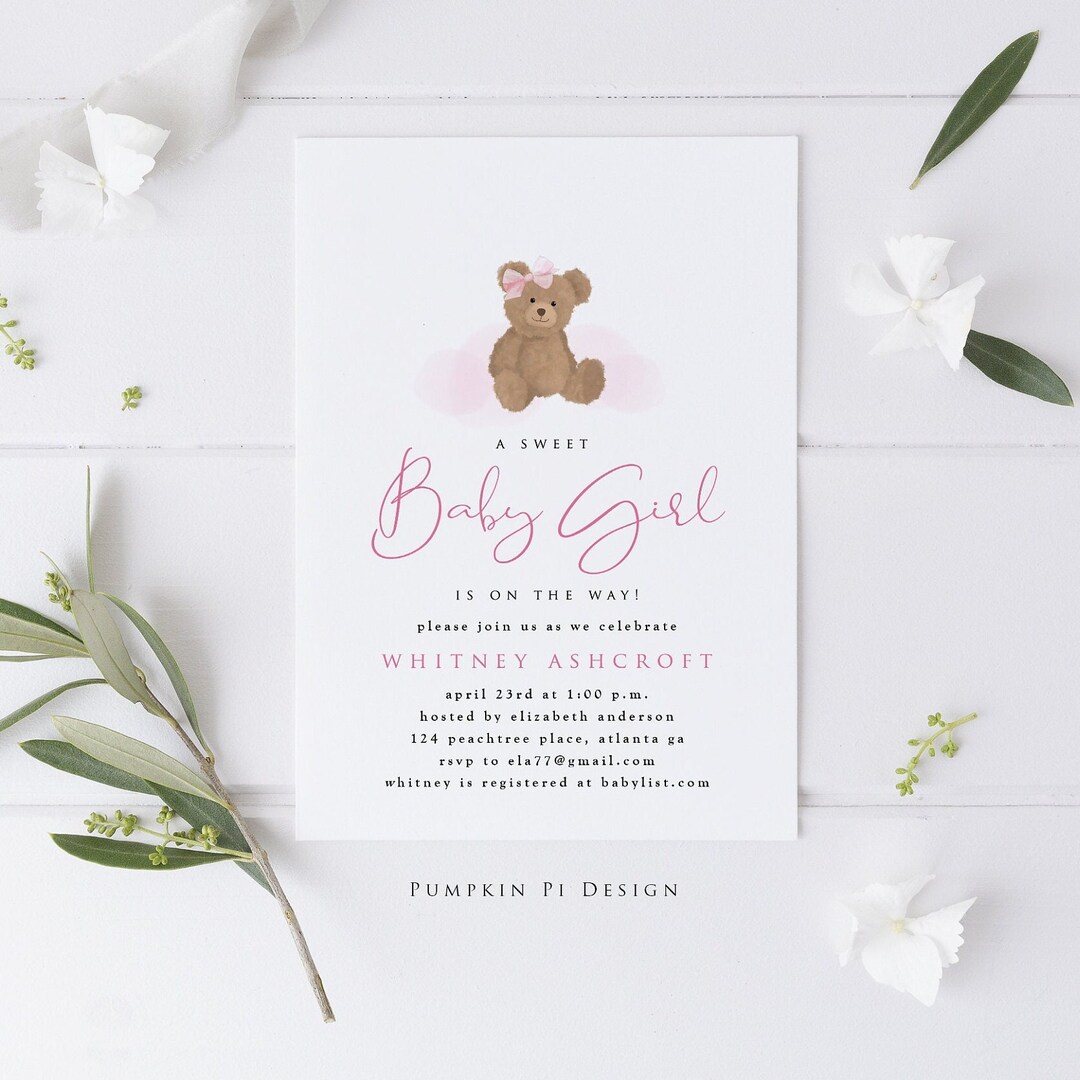 Baby Shower Invitation, Baby Girl Shower Invitation, Teddy Bear Shower