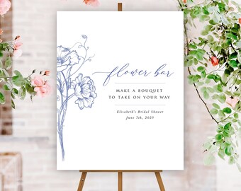 Flower Bar Sign Template, Editable Something Blue Bouquet Bar Sign, Bridal Baby Shower, Printable, 4 Sizes, A102
