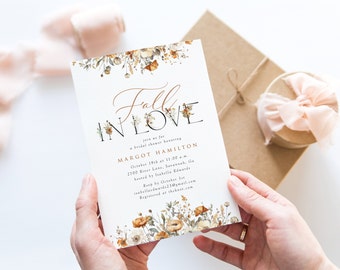 Fall In Love Bridal Shower Invitation, Autumn Bridal Shower, Fall Wildflowers, Autumn Bridal Brunch, Edit In Templett, Matching Pieces, A150