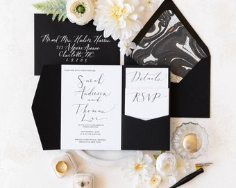 Semi Custom Black and White Classic Invitation Suite 7 PC Wedding Invitation | White and Black Invitation | Birthday Party Invitation