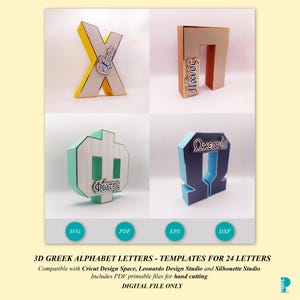 Puede incluir: Cuatro plantillas de letras del alfabeto griego en 3D en varios colores, incluyendo amarillo, marrón, verde y azul. Cada letra tiene una palabra griega. La imagen también incluye iconos de tipo de archivo: SVG, PDF, EPS y DXF.