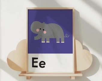 E Print | Elephant Print | Illustrated Alphabet Print | Alphabet Nursery Print | Digital Print | Kids Illustrated Poster