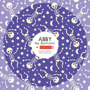 Peut inclure: Motif sans couture avec des squelettes dansants, des étoiles et des croissants de lune sur fond violet. Le motif comprend le texte "ABBY the illustrator." et "Seamless pattern Digital download."