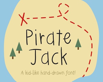 May include: A hand-drawn font called "Pirate Jack" in a kid-like style. The font is displayed on a yellow island with a red dotted line and a red X mark. There are green trees on the island. The text below the font says "A kid-like hand-drawn font!"