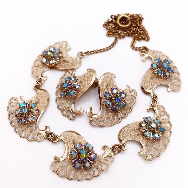 Vintage, 1950s, blue Aurora borealis stone necklace and earrings set.