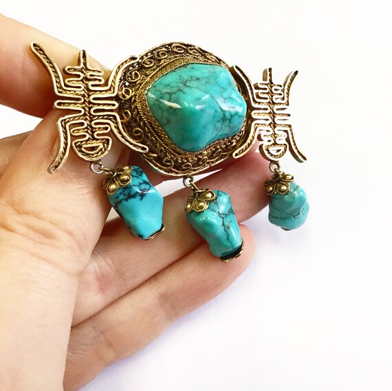 Vintage, Chinese brooch, turquoise and silver gil… - image 3